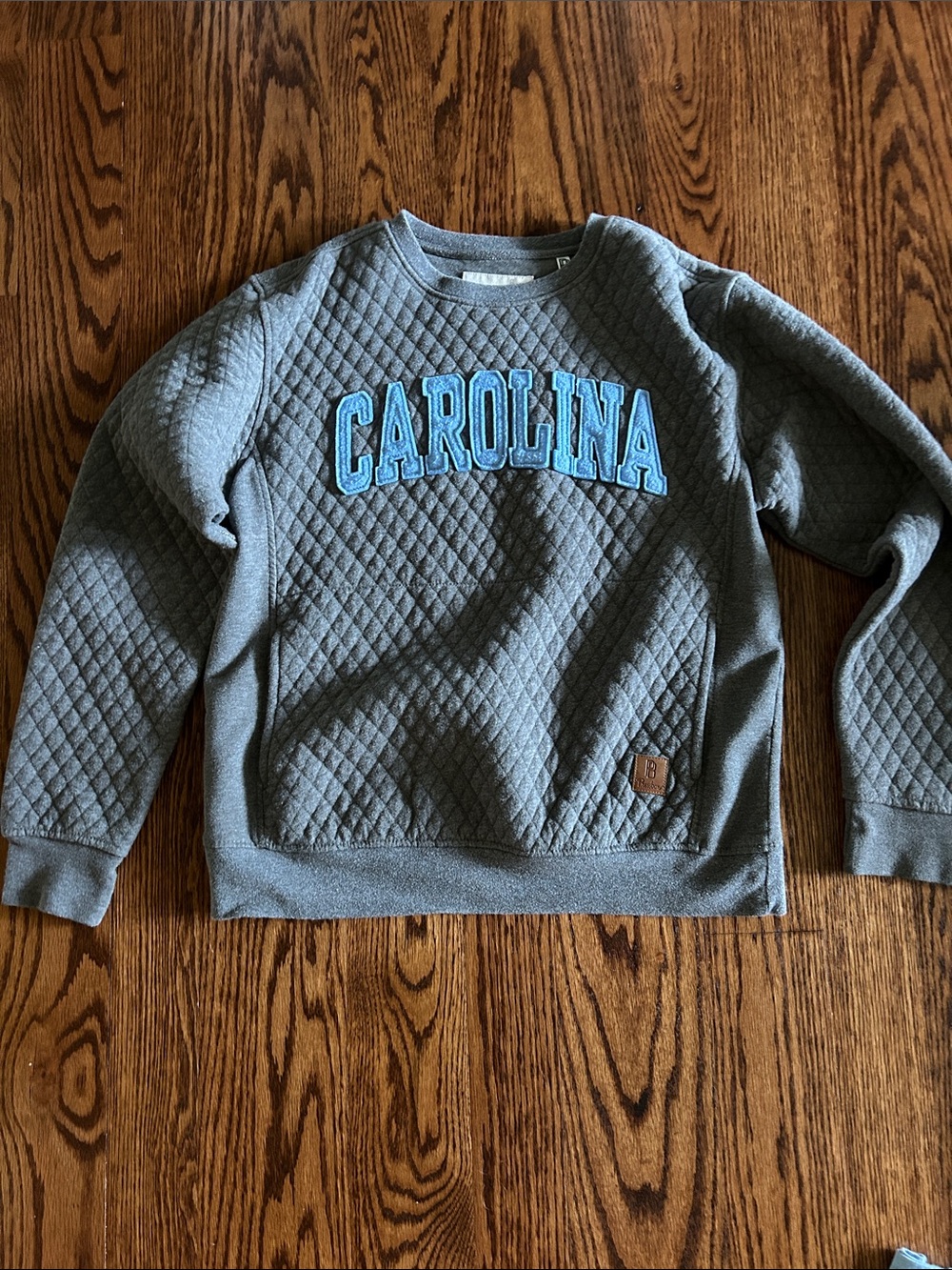 Pressbox Gray Quilted Crewneck with Blue 'CAROLINA' Appliqué